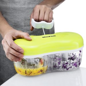 A double-chambered chopper to blend or dice perfectly-sized veggies TWO at a time with just the pull of a string.